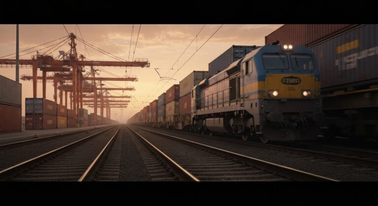 A modern freight train loaded with shipping containers at the Port of Los Angeles terminal, showcasing extensive rail lines and cargo operations.