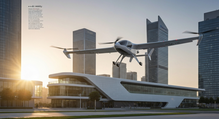 Sleek Eve Air Mobility eVTOL aircraft hovering above a modern city vertiport