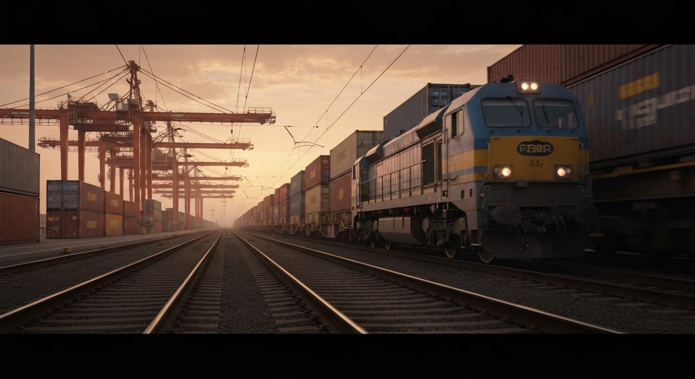 A modern freight train loaded with shipping containers at the Port of Los Angeles terminal, showcasing extensive rail lines and cargo operations.