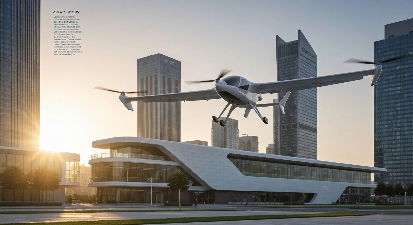 Sleek Eve Air Mobility eVTOL aircraft hovering above a modern city vertiport