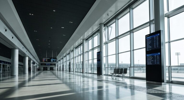 A high-speed train terminal interior showcasing modern design and digital information screens.