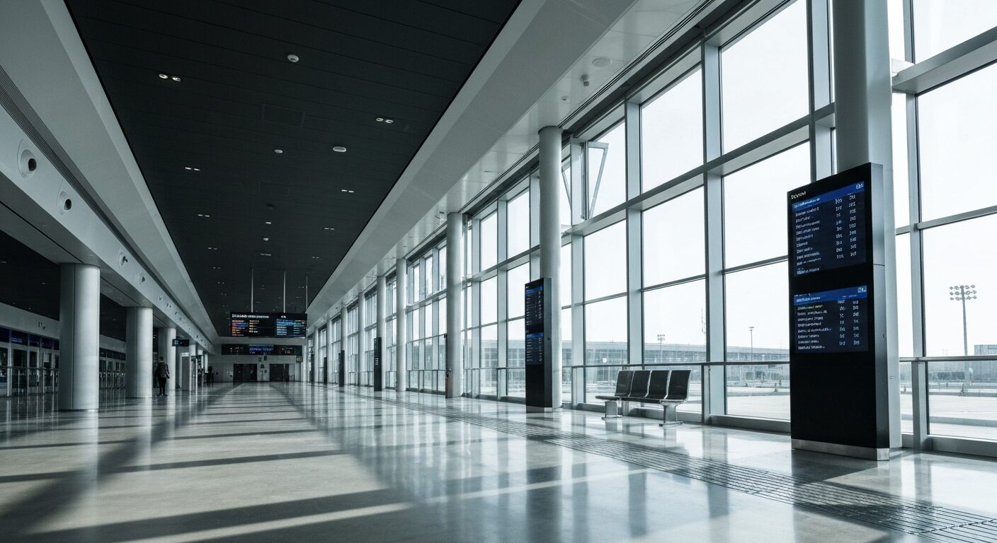 A high-speed train terminal interior showcasing modern design and digital information screens.