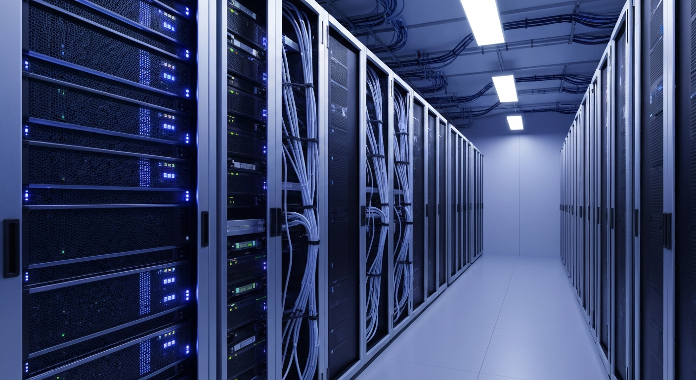 Modern server room with glowing lights, symbolizing advanced digital travel technology and AI integration.