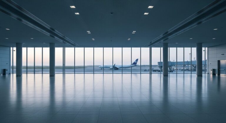Empty modern airport terminal at dusk, showcasing architectural lines and polished floors.