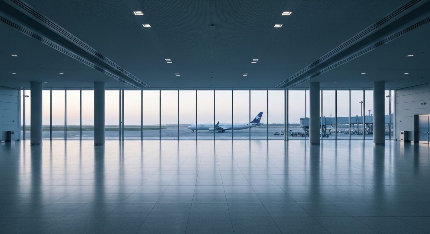 Empty modern airport terminal at dusk, showcasing architectural lines and polished floors.