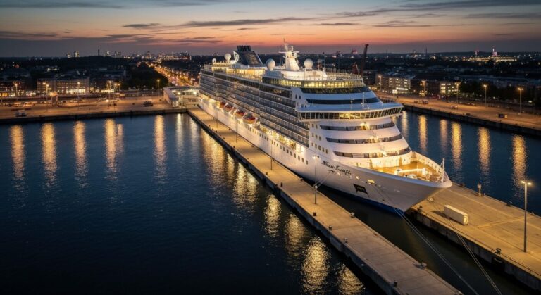 Mein Schiff Flow cruise ship docked at a modern port during sunset