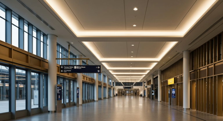 Spacious, modern interior concourse of a newly renovated Penn Station with architectural lighting