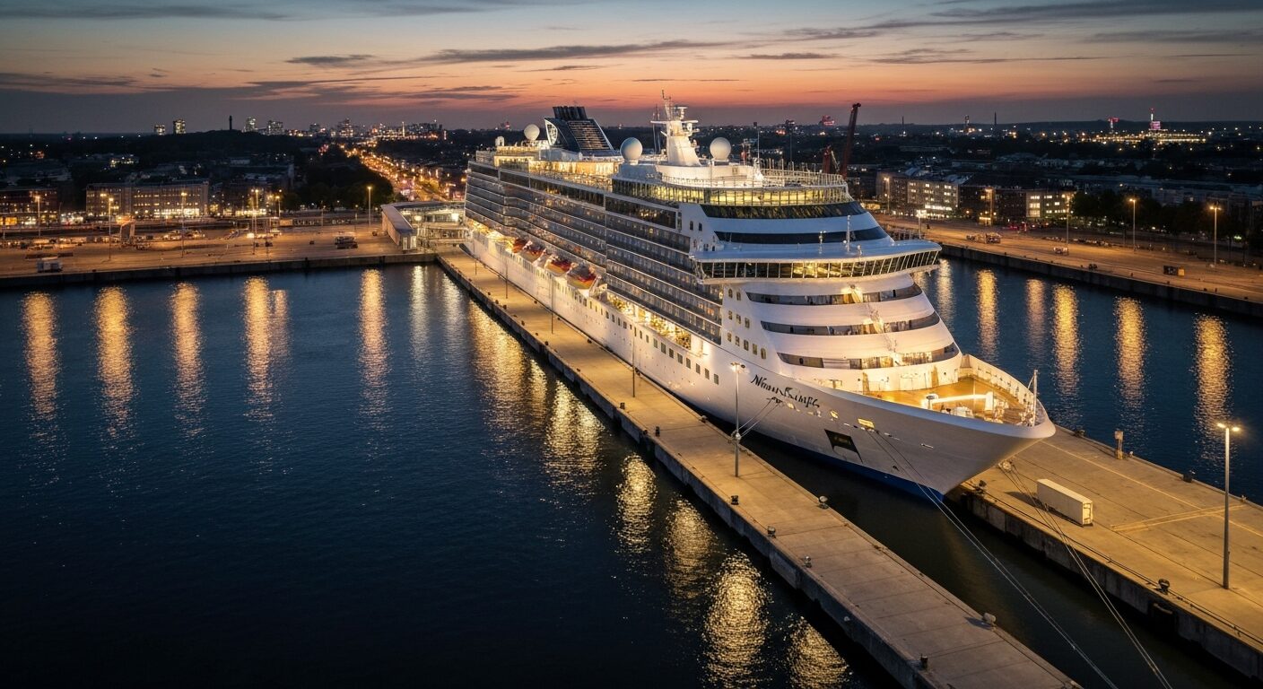 Mein Schiff Flow cruise ship docked at a modern port during sunset