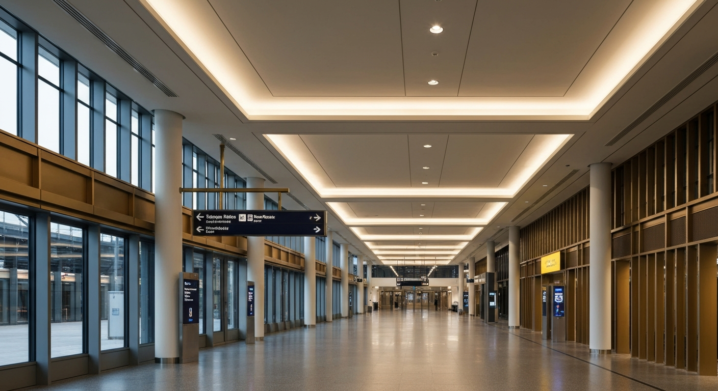 Spacious, modern interior concourse of a newly renovated Penn Station with architectural lighting