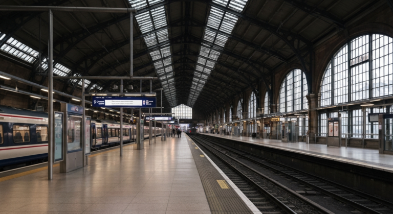 Modern architectural interior of Liverpool Central Station with brightly lit platforms and clear signage.