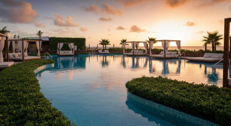 Newly opened Mangrove Bay pool area at Isla Tropicale, featuring elegant cabanas and lush landscaping
