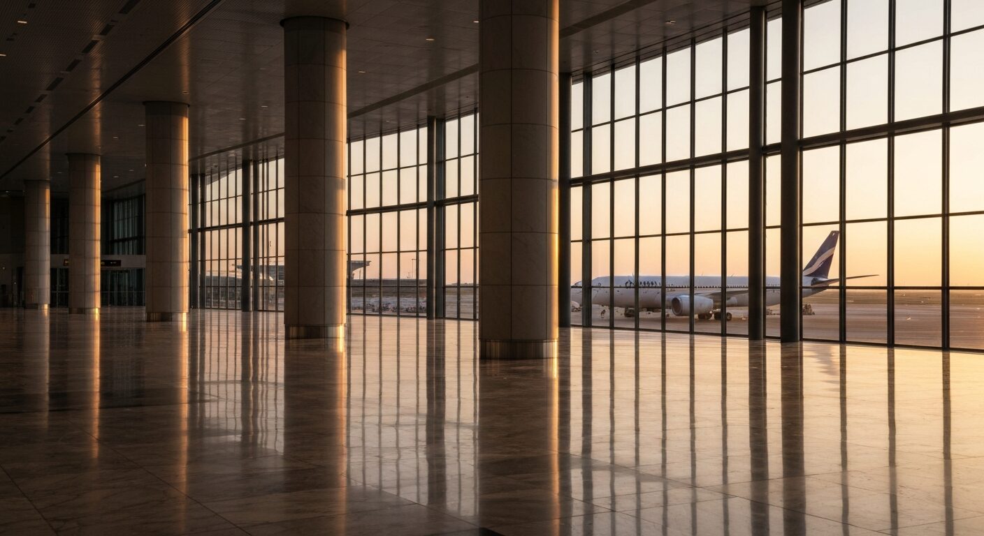 Empty modern airport terminal with an aircraft visible through large windows at dawn.