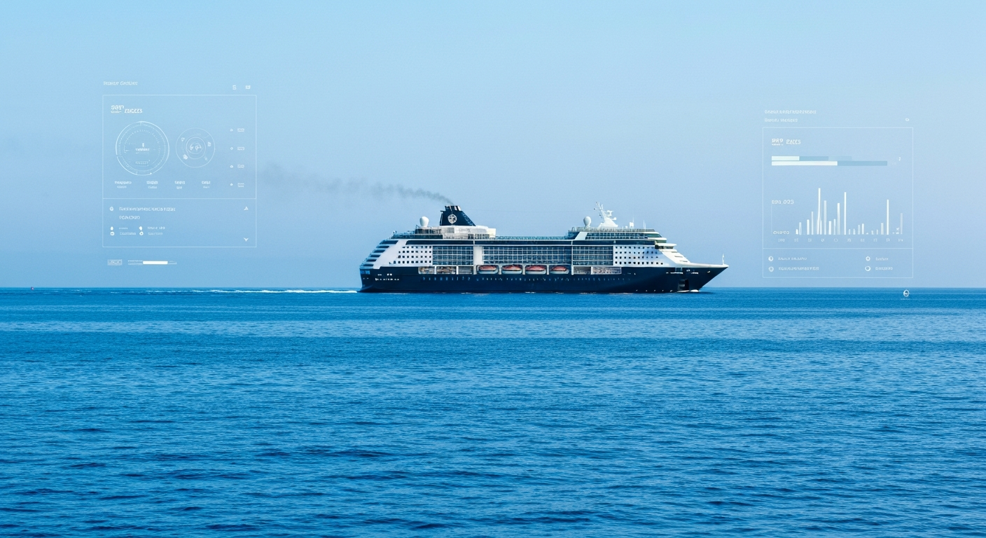 Modern cruise ship sailing near a high-tech port, hinting at advanced digital operations.
