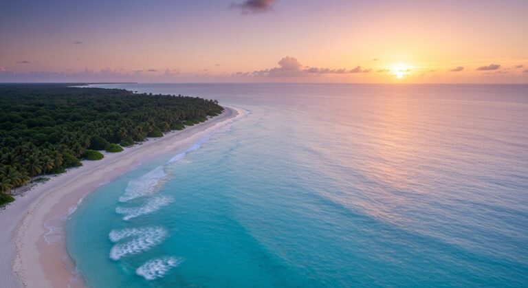 Sunrise over a pristine Caribbean coastline with luxury resorts and turquoise waters, symbolizing economic potential.