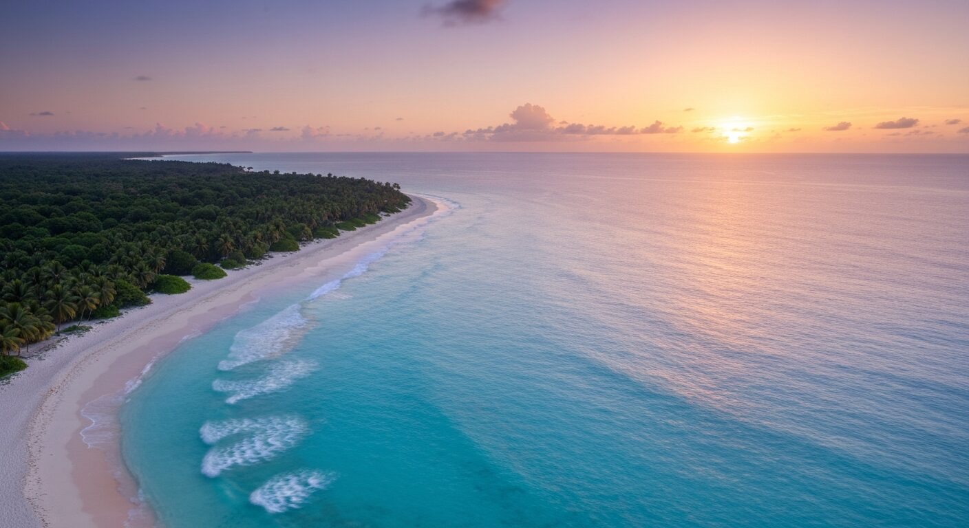 Sunrise over a pristine Caribbean coastline with luxury resorts and turquoise waters, symbolizing economic potential.