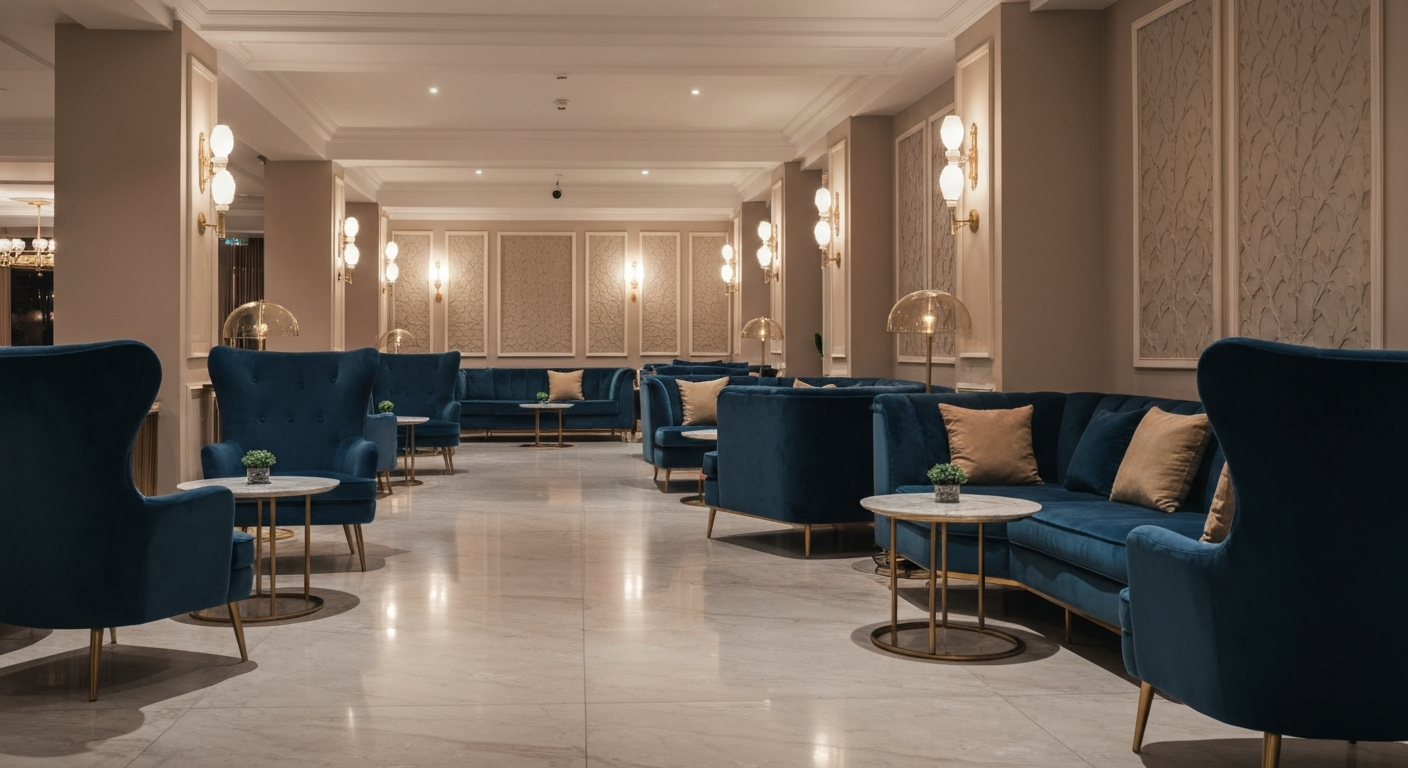 Stylish and modern lobby of a boutique hotel with designer furniture and warm lighting