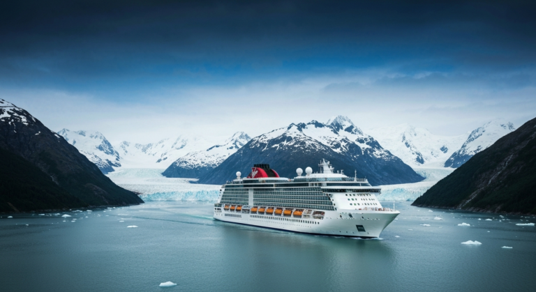 Virgin Voyages Brilliant Lady cruise ship navigating an Alaskan fjord with glaciers and mountains