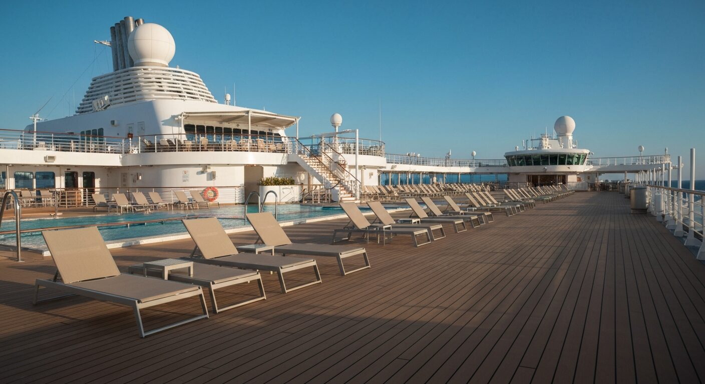 Empty luxury cruise ship pool deck with pristine lounge chairs
