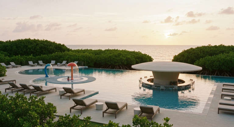 New tropical resort pool area with splash pad and swim-up bar on a private Caribbean island
