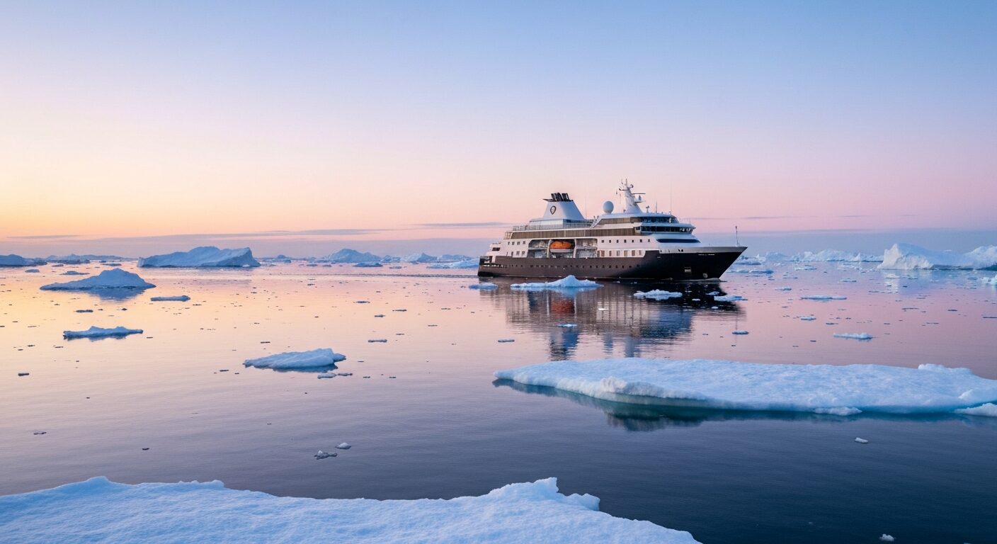 Silversea ultra-luxury expedition cruise ship sailing past icebergs in the Arctic.