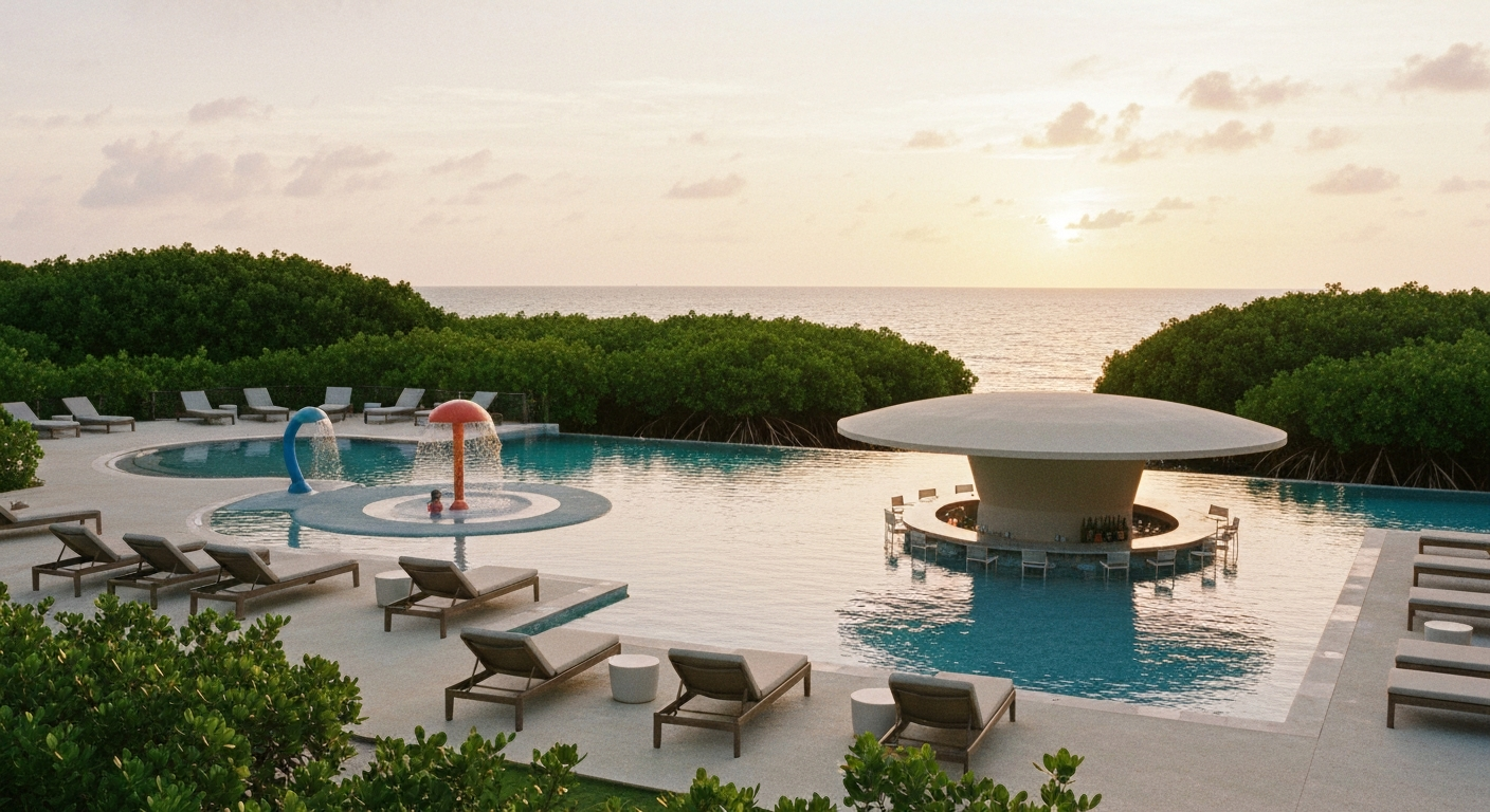 New tropical resort pool area with splash pad and swim-up bar on a private Caribbean island