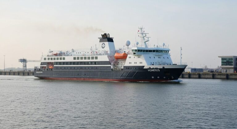 The Oceanwide Expeditions Hondius ship approaching Rotterdam Port.