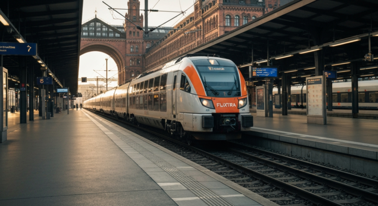 Modern FlixTrain arriving at a bright, architecturally significant Munich train station platform