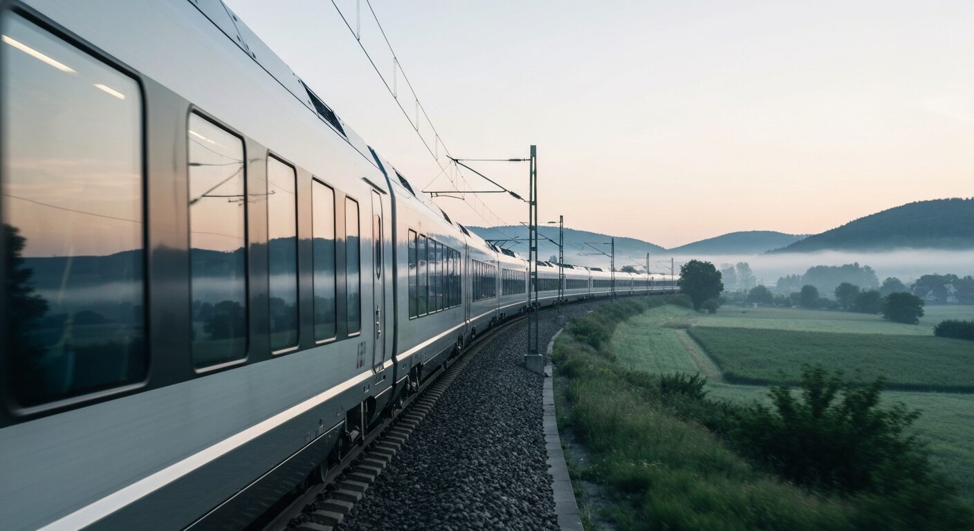 A modern high-speed train on a European route, showcasing advanced rail infrastructure.
