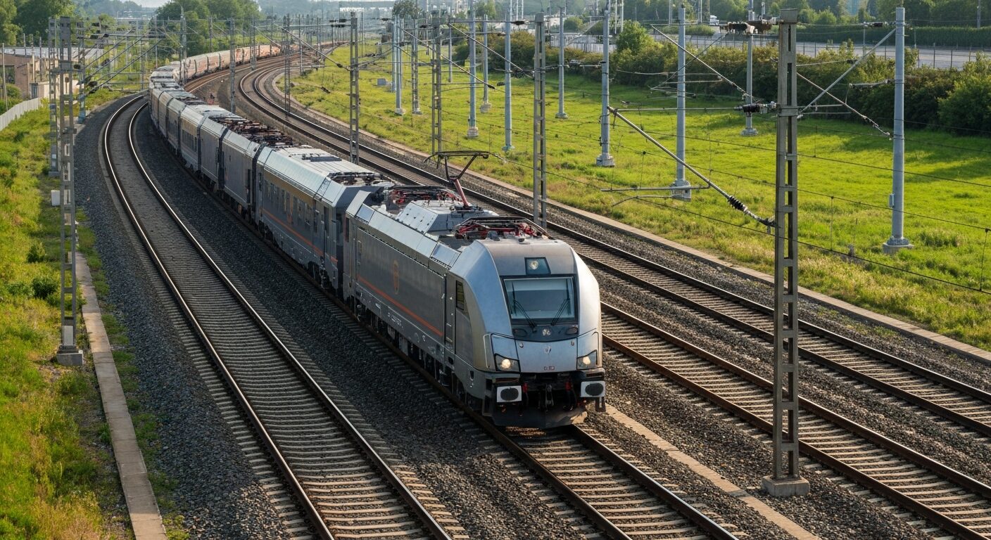 A modern freight train traversing a complex rail interchange, symbolizing the interconnectedness of North American rail networks.