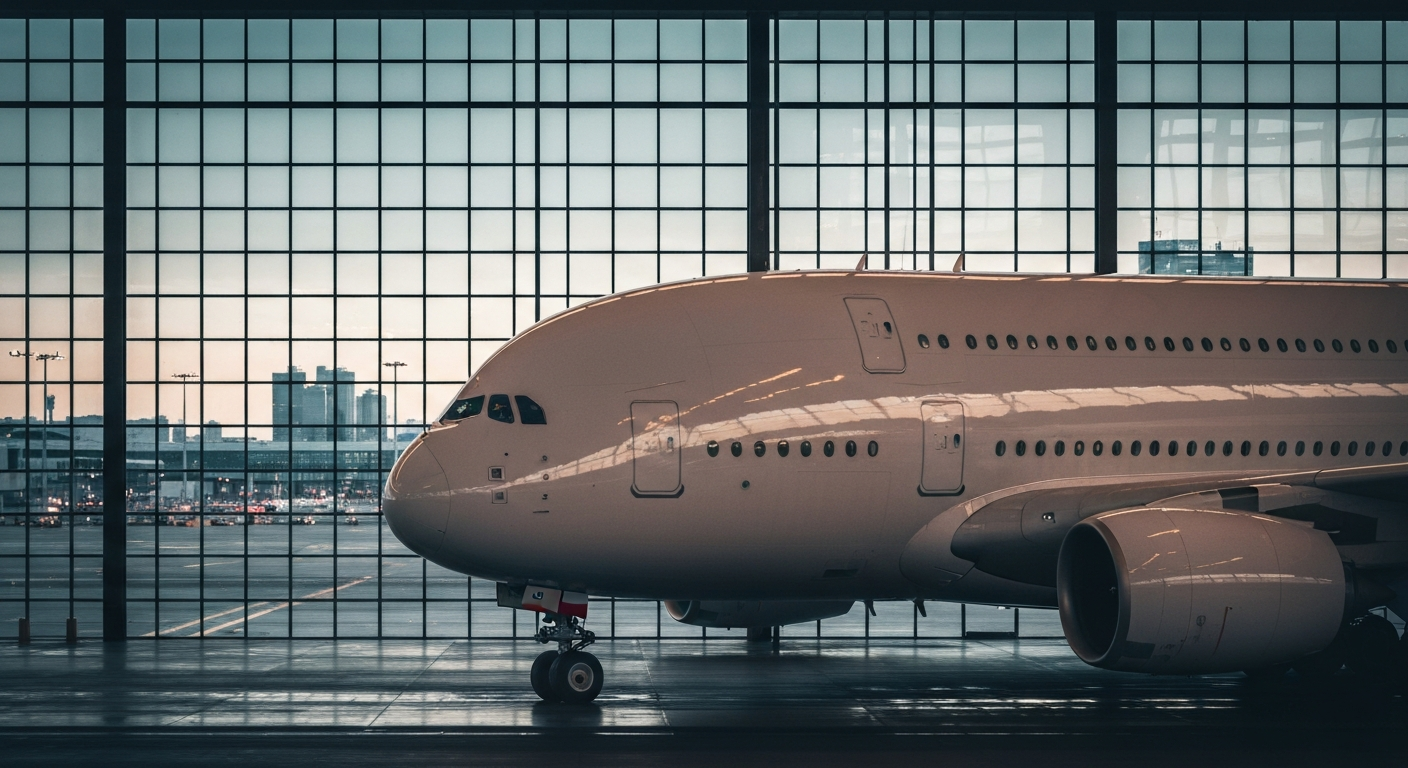 Sleek modern aircraft parked at a bright airport terminal gate, ready for departure.