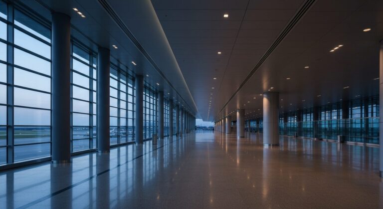 Empty modern airport terminal with soft dusk lighting and elegant architecture.