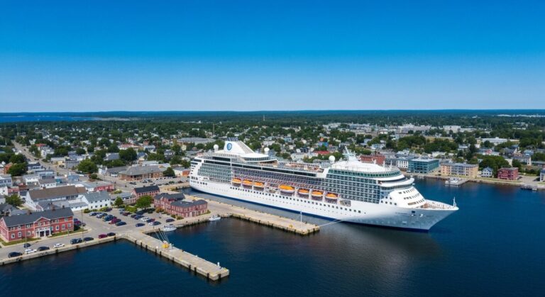 Aerial view of a large cruise ship docked at Port Charlottetown, Prince Edward Island, showcasing shore power infrastructure and the scenic harbor.