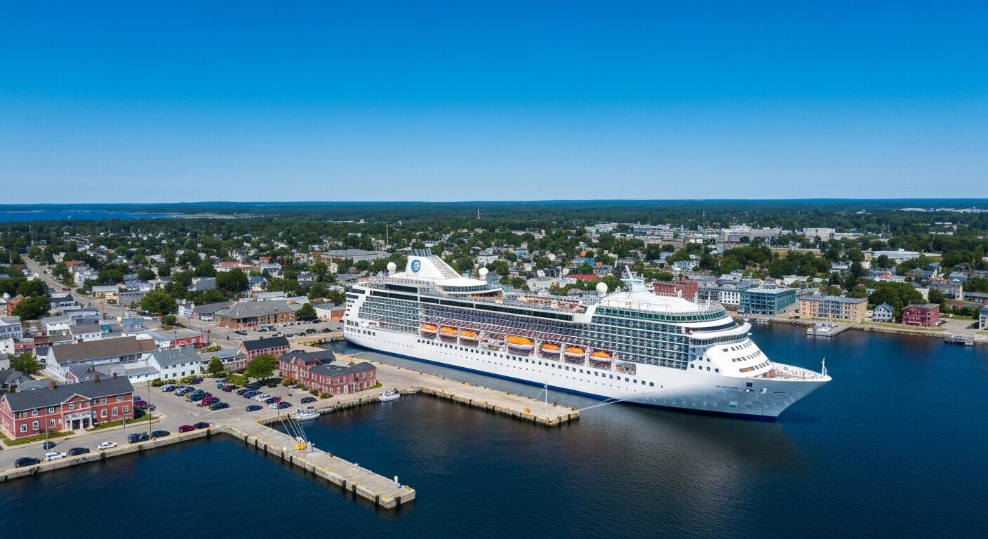 Aerial view of a large cruise ship docked at Port Charlottetown, Prince Edward Island, showcasing shore power infrastructure and the scenic harbor.