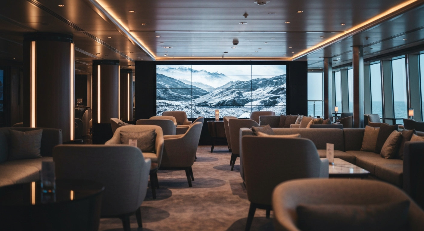 Elegant interior lounge of a modern cruise ship with a large screen and luxurious seating.