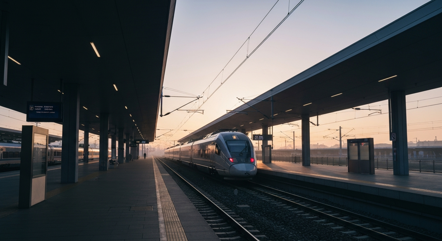 Modern train awaiting passengers at a brightly lit station platform in Southeast Europe