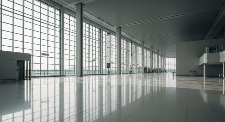 Empty modern airport terminal with reflective floors and large windows during daylight.