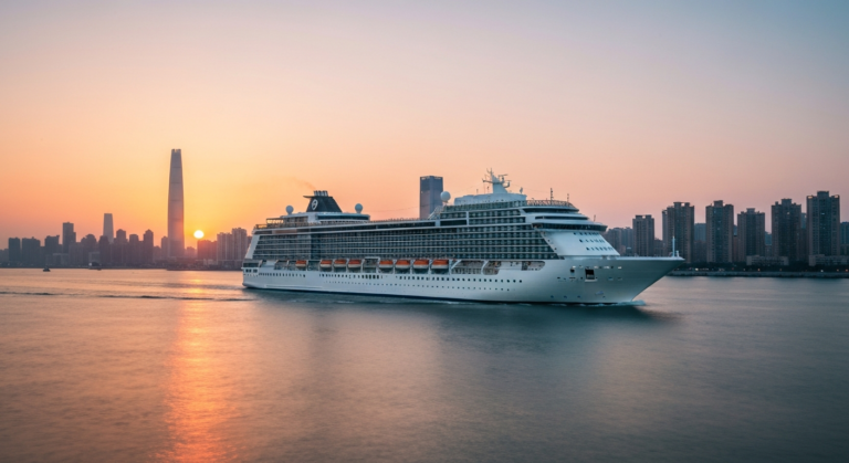 Modern mega cruise ship departing Dalian Port with city lights reflecting on calm evening water