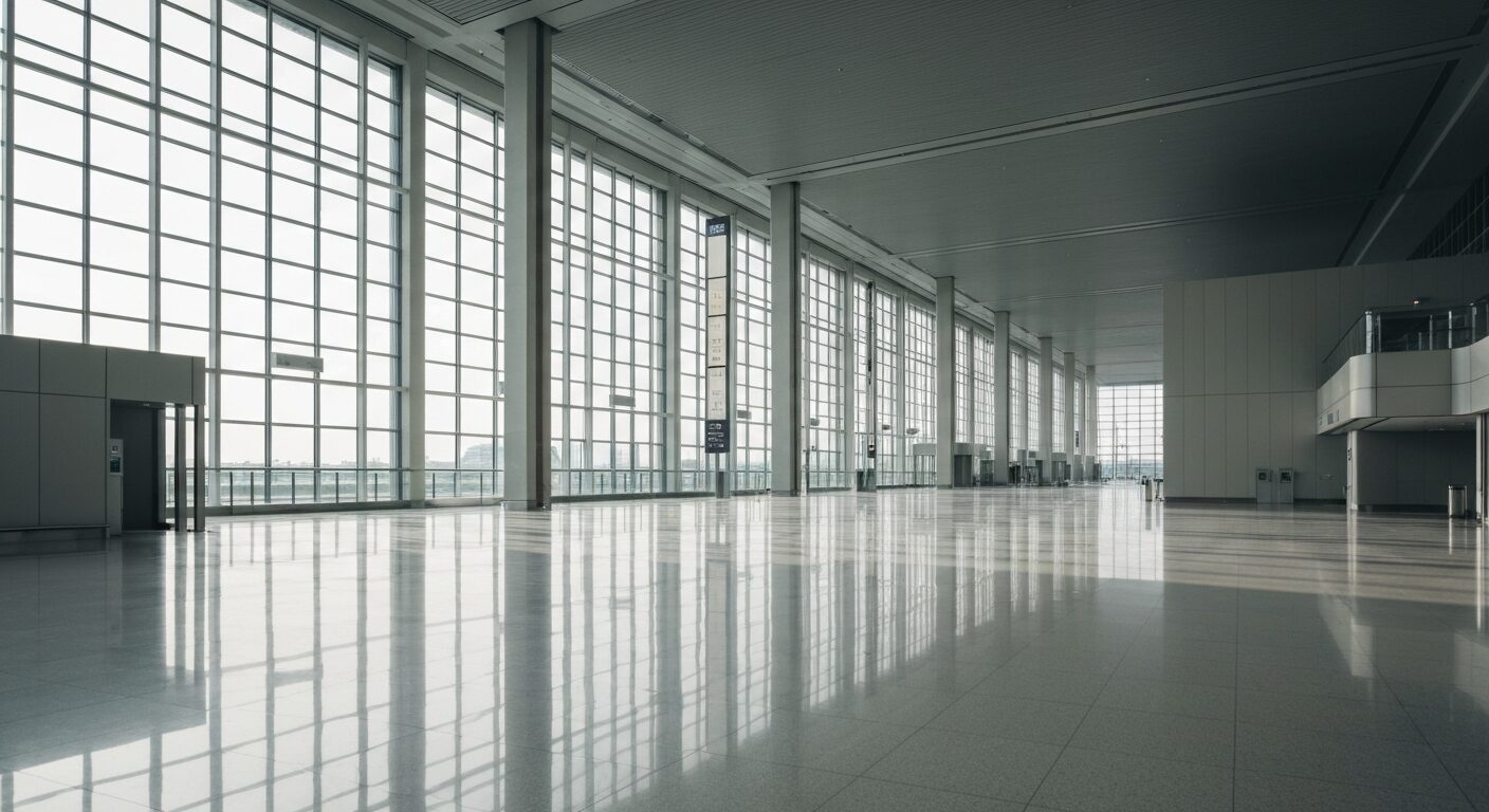 Empty modern airport terminal with reflective floors and large windows during daylight.