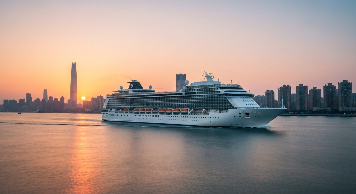 Modern mega cruise ship departing Dalian Port with city lights reflecting on calm evening water