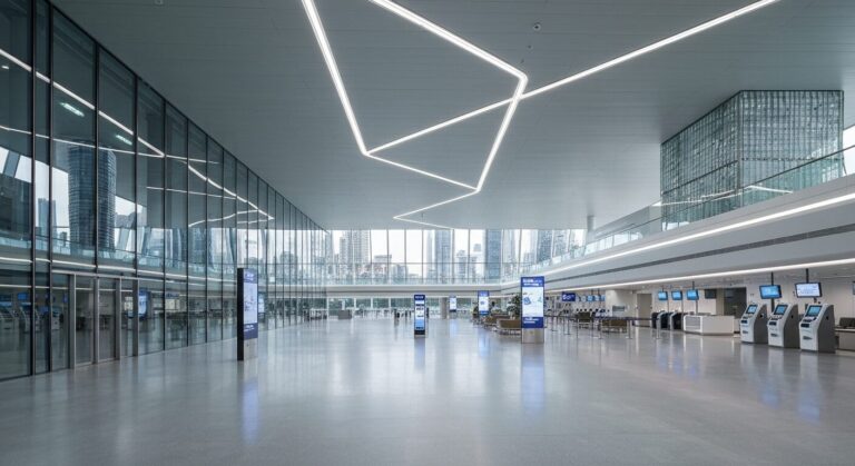 Empty modern airport terminal interior with sleek architecture and natural light