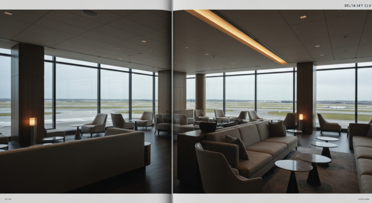 Sleek, empty Delta Sky Club lounge interior with runway views and modern furnishings.