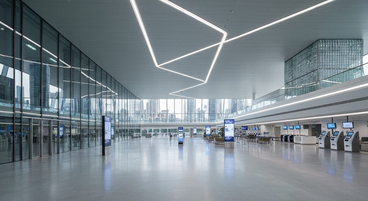 Empty modern airport terminal interior with sleek architecture and natural light