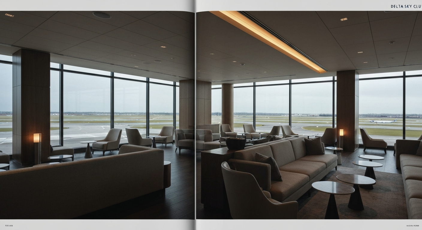 Sleek, empty Delta Sky Club lounge interior with runway views and modern furnishings.