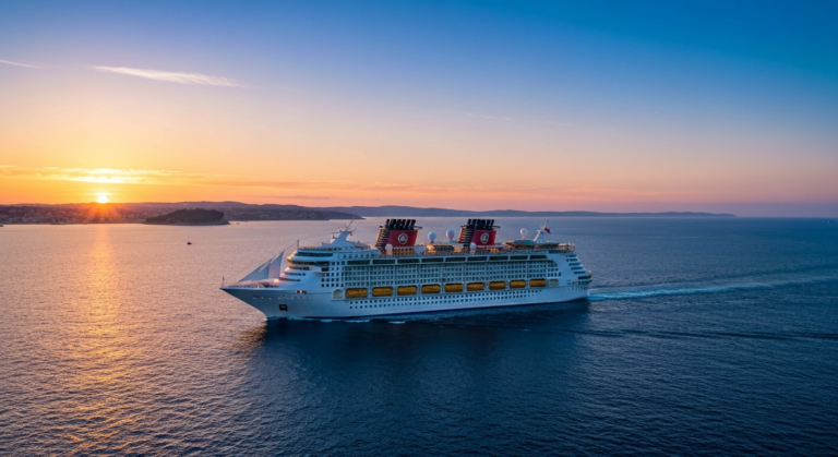 Disney Dream cruise ship sailing in the Mediterranean Sea near a European coastline at sunset