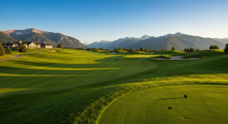 Elegant mountain resort golf course with scenic fairways and clubhouse under a clear sky.