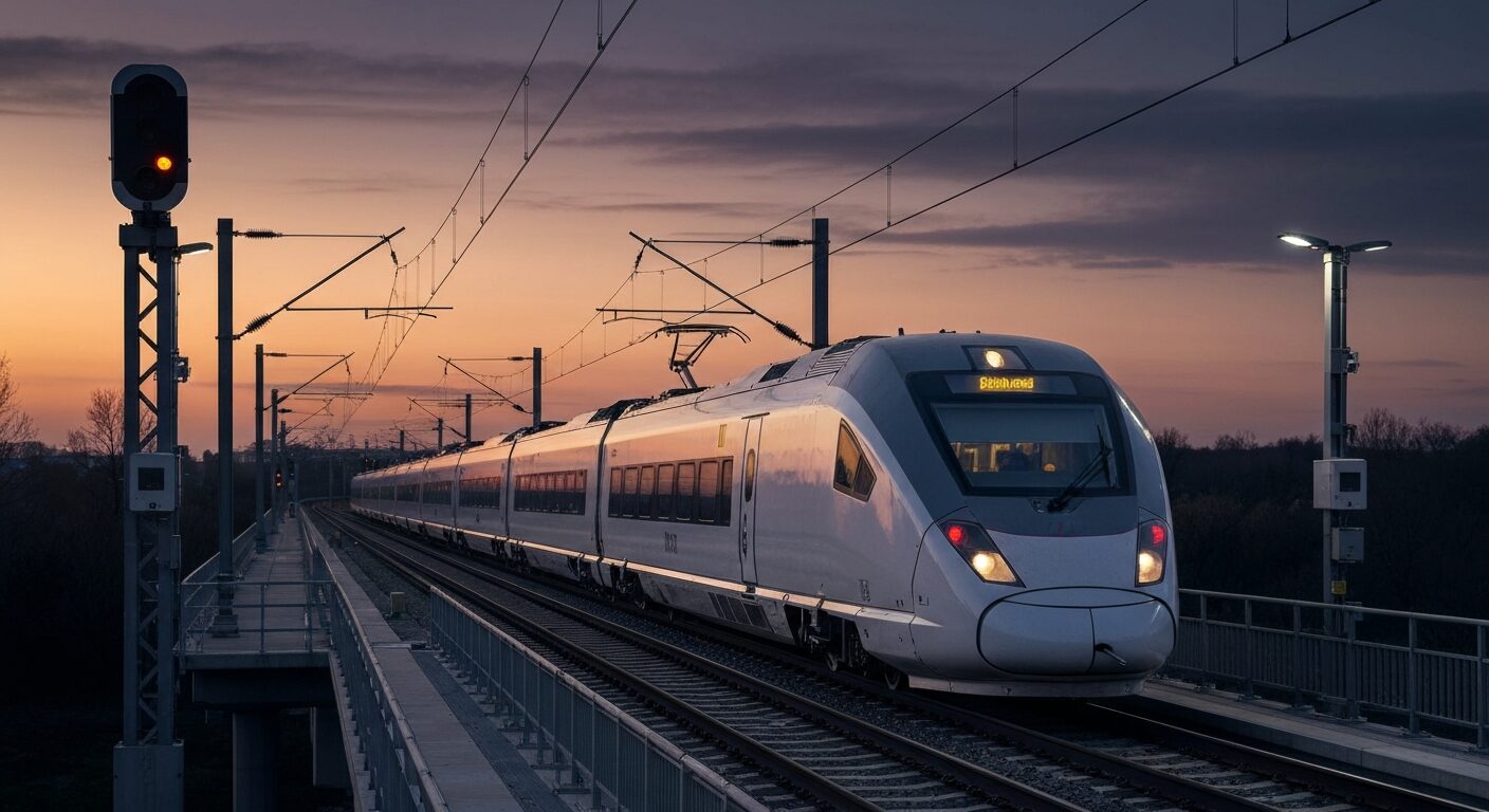 Modern autonomous train traversing a high-tech European rail line.