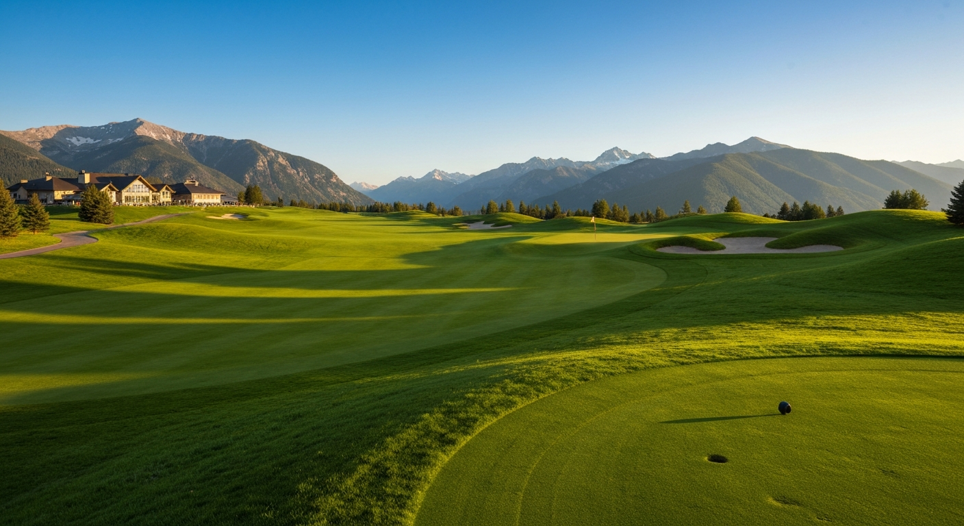Elegant mountain resort golf course with scenic fairways and clubhouse under a clear sky.