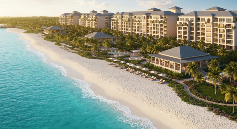 Aerial view of the new luxury Treasure Beach Village resort on Grace Bay Beach, Turks and Caicos