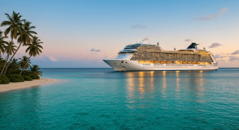 Vibrant Margaritaville cruise ship sailing past a tropical island at sunset