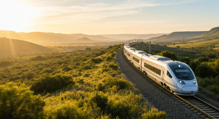 Sleek, modern high-speed train on advanced rail infrastructure in a scenic South African landscape